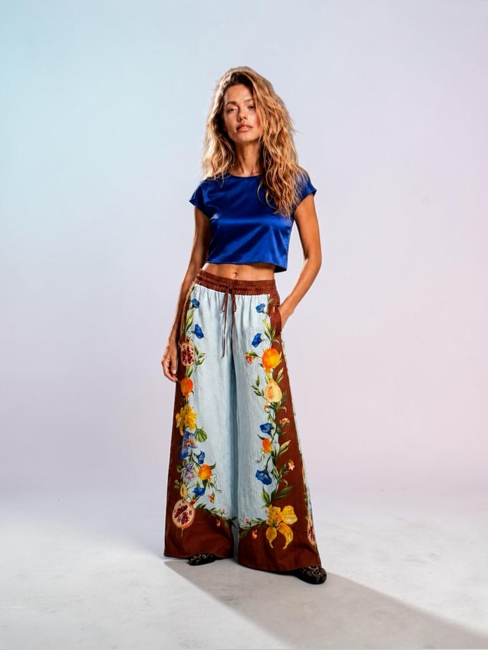 Embroidered Wide-Leg Panel Pants in Blue & Brown